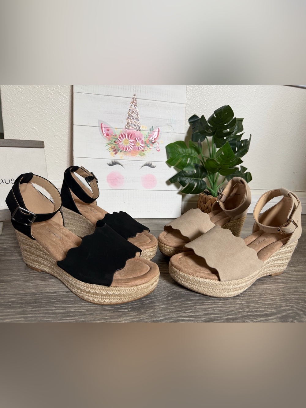 Chinese Laundry Bundle Pair Scallop Strap Wedge Espadrille Sandals Black Beige 7